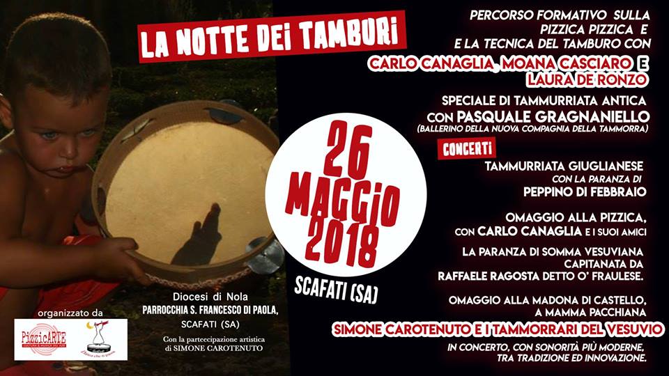 ‘La notte dei tamburi’ a Scafati. Stage, pizzica e concerti in compagnia, tra gli altri, di Simone Carotenuto e i Tammorrari del Vesuvio