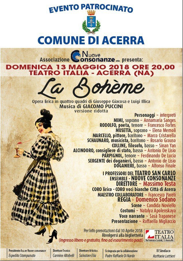 La Bohème al Teatro Italia di Acerra. Un evento realizzato con l’impegno dell’associazione Nuove Consonanze e il patrocinio de Comune