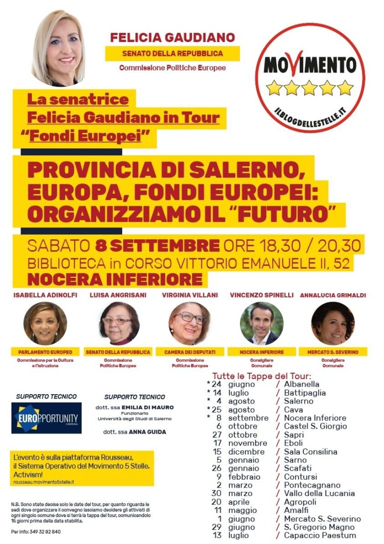 M5S, Gaudiano: “Convegno sull’utilizzo dei Fondi Europei” Sabato 8 settembre a Nocera Inferiore