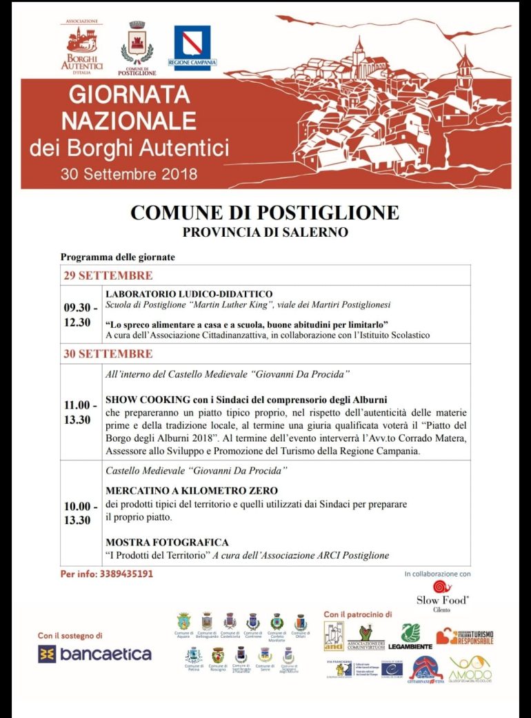 Giornata Nazionale dei Borghi Autentici Italiani, il 30 settembre 2018 al Castello medievale Giovanni Da Procida Postiglione