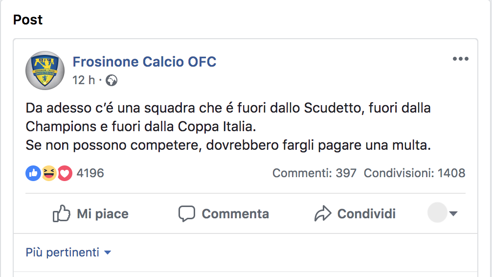 Il Napoli esce dalla Coppa Italia, l’ironia dei tifosi del Frosinone in un post