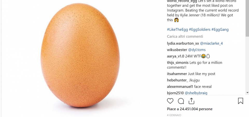 Instagram: la foto di un uovo supera record like di Kylie Jenner