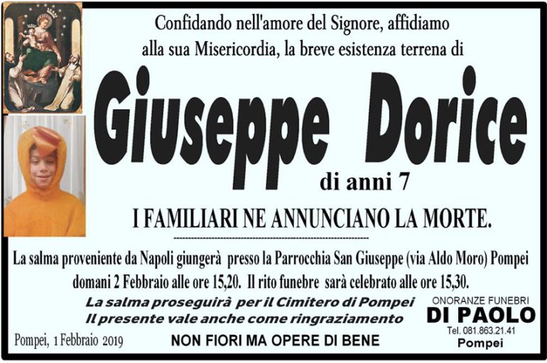 Pompei accoglie il piccolo Giuseppe, gara di solidarietà per i suoi funerali e per aiutare i fratellini