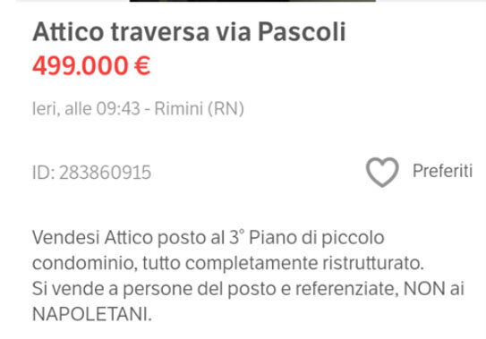 Vergogna sul web a Rimini: ‘Vendesi attico, ma non ai napoletani’. Presentata denuncia all polizia postale