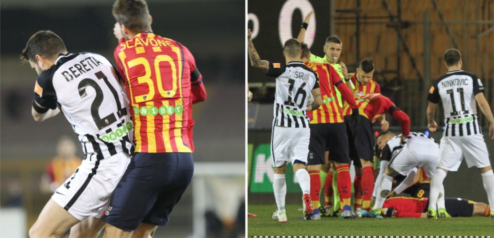 Scontro di gioco dopo 6 secondi: Scavone perde i sensi in campo, rinviata Lecce-Ascoli