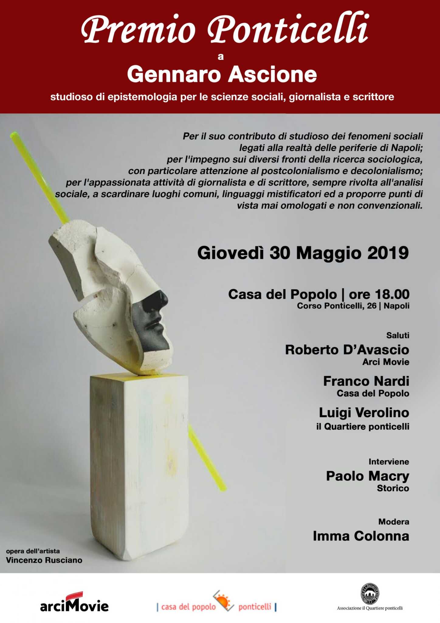 Napoli, terza edizione del Premio Ponticelli:il premiato sarà Gennaro Ascione