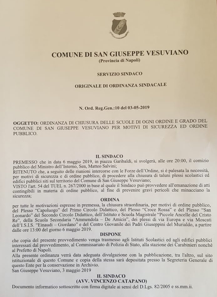 A San Giuseppe Vesuviano arriva Salvini e il sindaco chiude le scuole. I Verdi: ‘Lezioni interrotte per permettere un comizio, una vergogna senza precedenti’