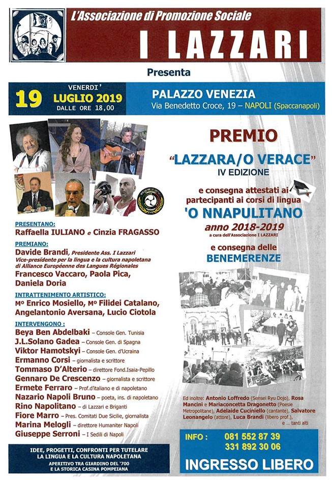 Cerimonia del Premio ‘Lazzara/o verace’ a Palazzo Venezia, Napoli. Venerdì 19 luglio
