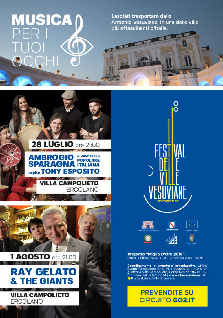 Festival delle Ville Vesuviane. Due appuntamenti con Ambrogio Sparagna con Tony Esposito e Ray Gelato & The Giants