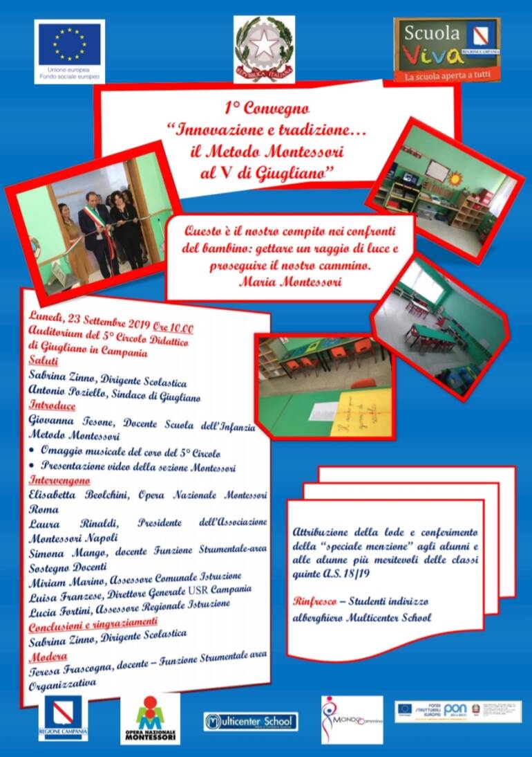 Giugliano, ‘Innovazione e tradizione… il Metodo Montessori’: appuntamento al al V° Circolo Didattico