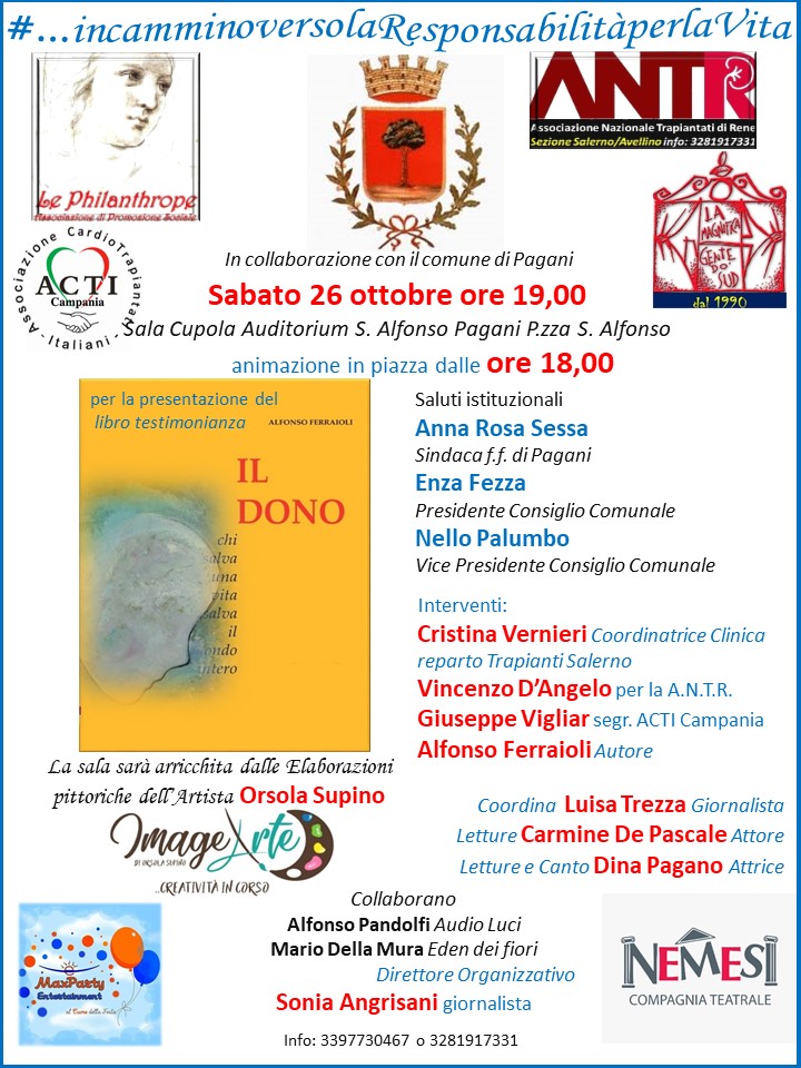 ‘Il Dono’, un libro di Alfonso Ferraioli sulla donazione degli organi. La presentazione a Pagani