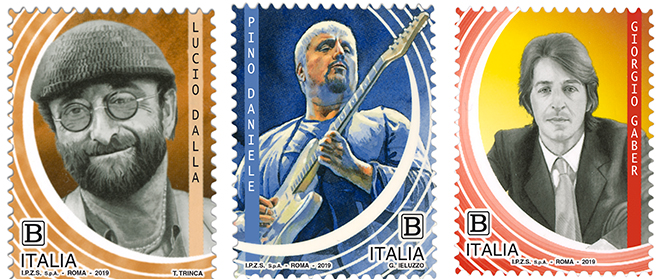Escono oggi i francobolli di Poste Italiane dedicati a Pino Daniele, Lucio Dalla e Giorgio Gaber