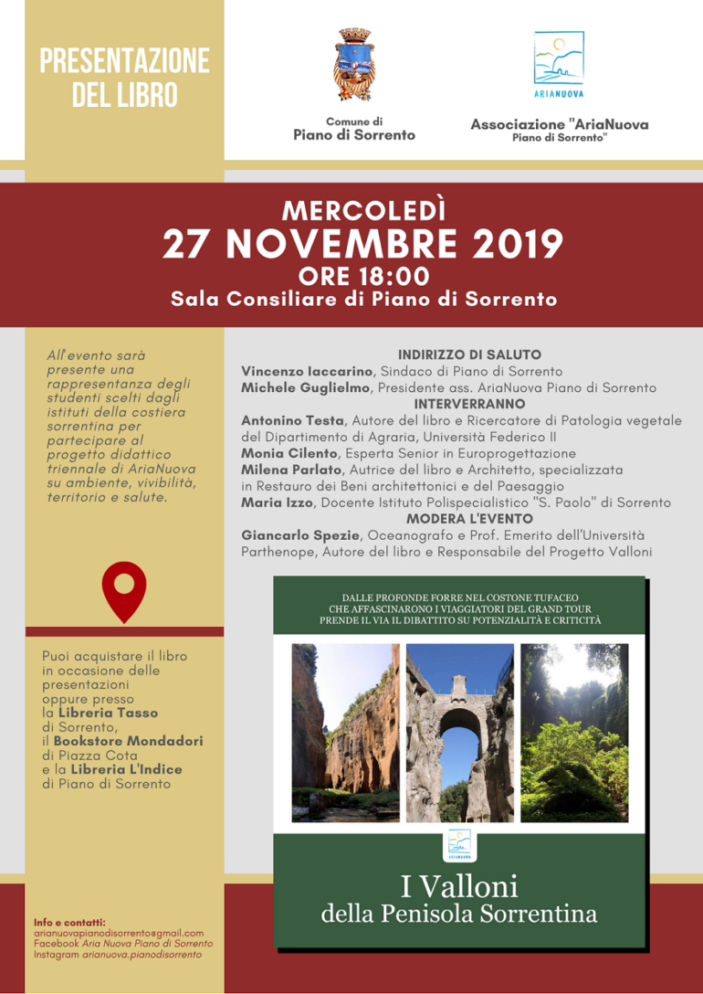 ‘I Valloni della Penisola Sorrentina’, mercoledì 27 novembre presentazione libro a Piano di Sorrento