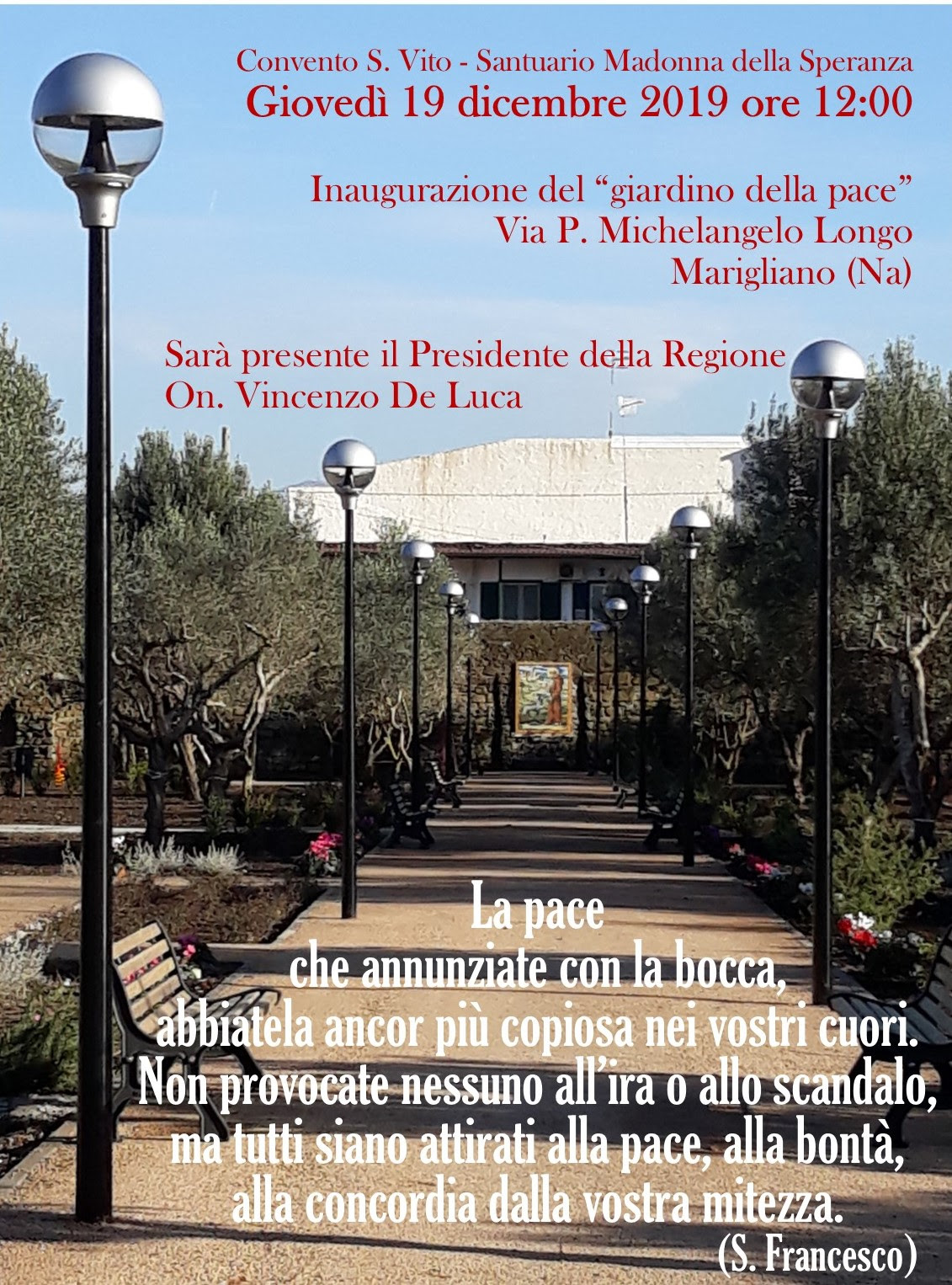 Marigliano, il presidente De Luca inaugura il “Giardino della Pace”