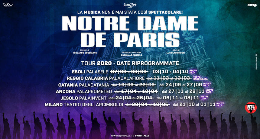 Riprogrammate le tappe di Notre Dame de Paris, al PalaSele di Eboli il 3 e 4 ottobre 2020