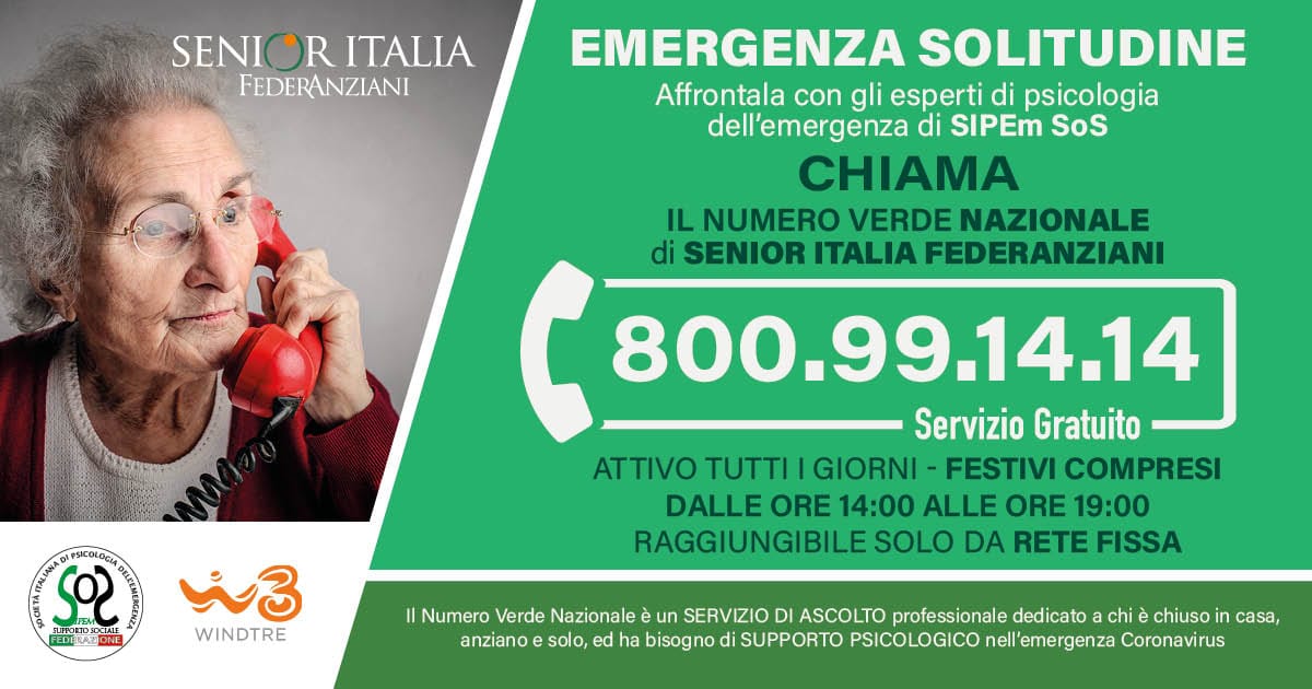 Coronavirus: da Senior Italia, WINDTRE e SIPEm SoS Federazione al via il numero verde per gli anziani soli