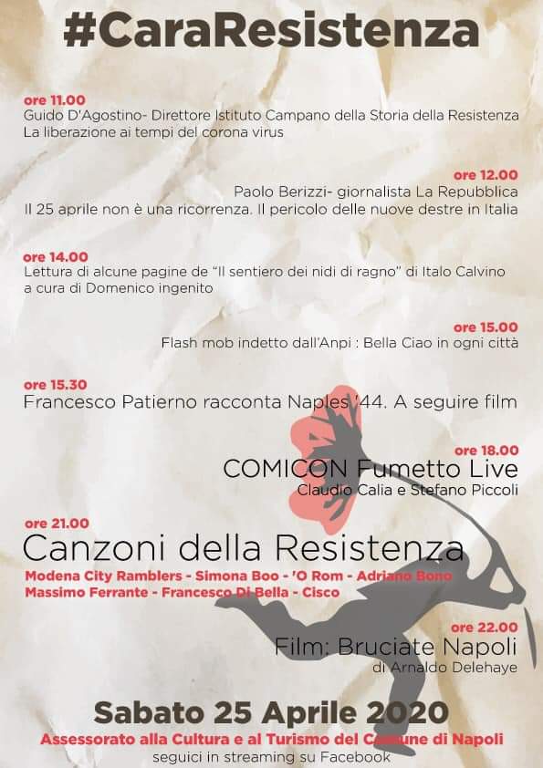 Napoli. #CaraResistenza, la speciale programmazione del 25 aprile sulla pagina Fb dell’Assessorato alla Culutura