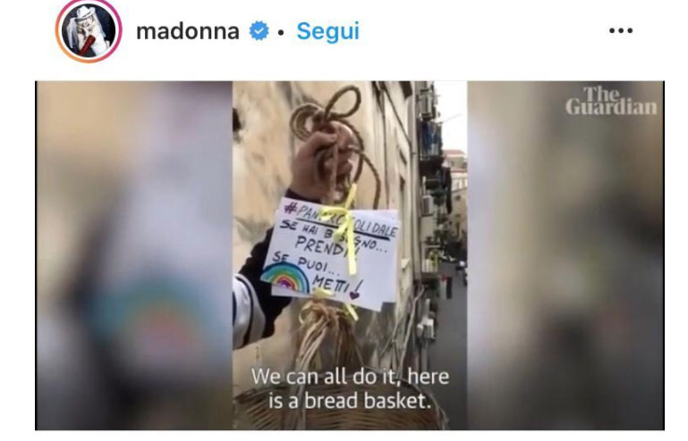 ‘God bless Italy’: Madonna posta la foto del ‘panaro solidale’ di Napoli