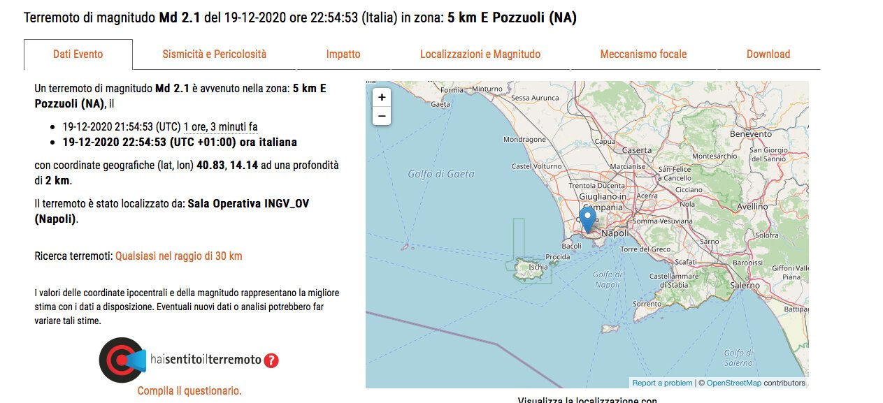 Scossa di terremoto di magnitudo 2.1  in serata a Pozzuoli