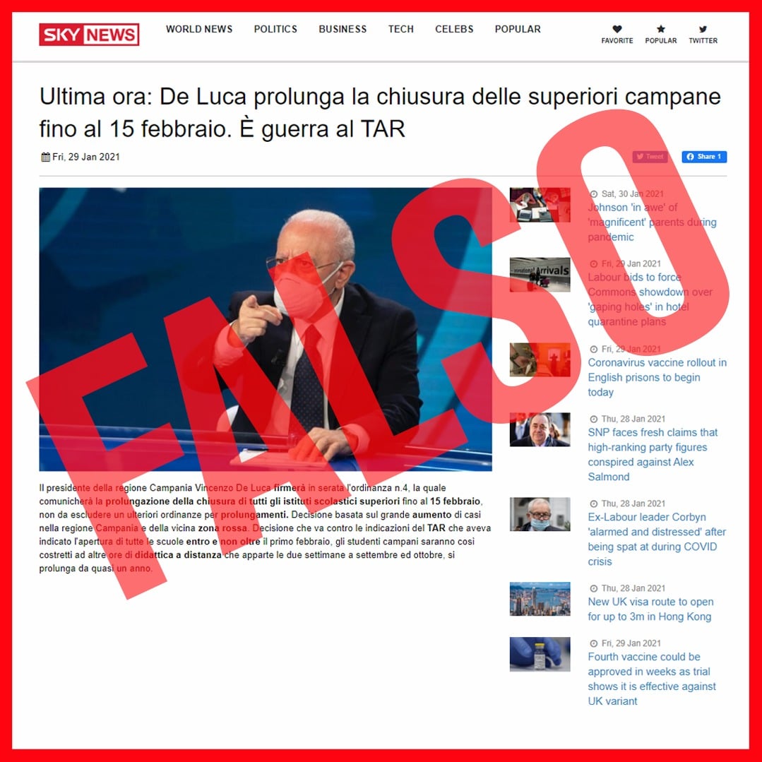 De Luca: ‘Sui social Fake news sulla chiusura delle scuole’