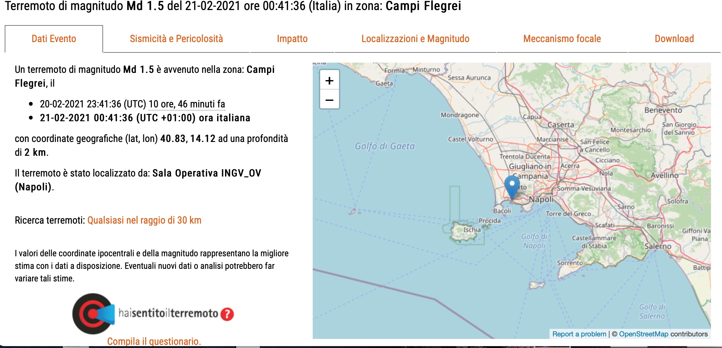 Scossa di terremoto ai Campi Flegrei: avvertita anche dalla popolazione