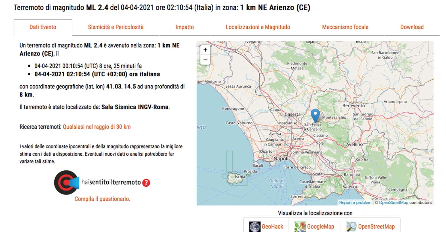 Quattro scosse di terremoto nella notte tra Benevento e Caserta