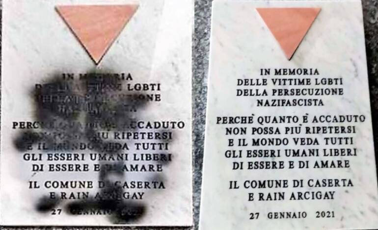 Caserta, vittime omosessuali del nazi-fascismo, ripulita la targa vandalizzata