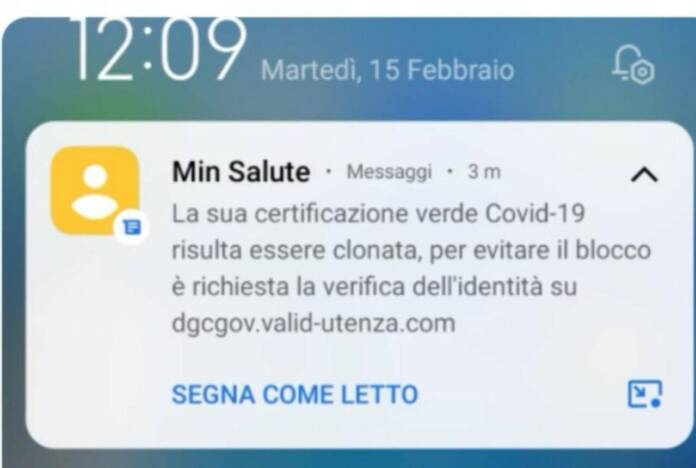 Green pass - falso sms ministero Salute (1)