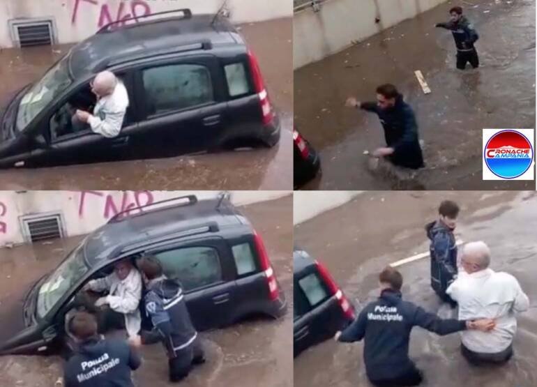 Torre del Greco, i vigili salvano anziano intrappolato in auto dalla pioggia. Il video virale