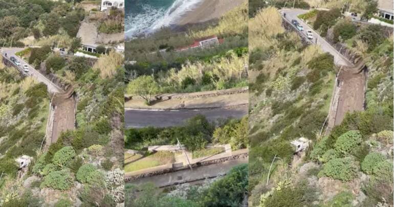 Ischia, frana ai Maronti causata dalla rottura di una condotta idrica.Il video