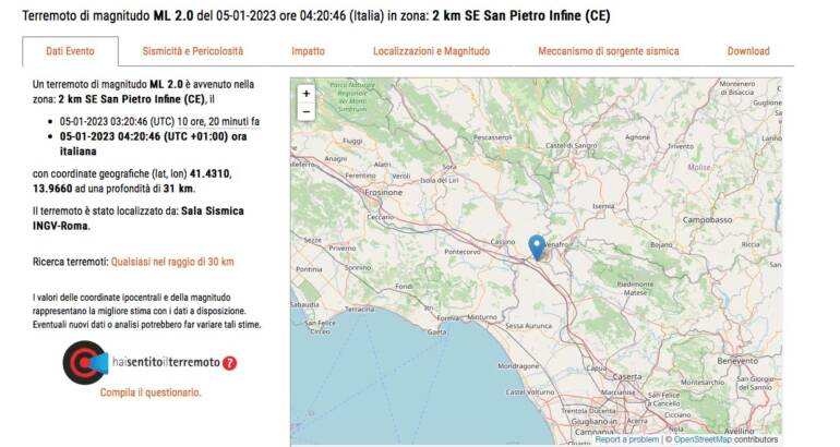 Nuova scossa di terremoto in provincia di Caserta