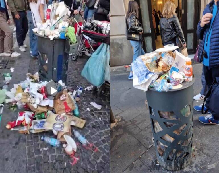Emergenza cestini a Napoli: via Toledo trabocca di turisti e di rifiuti