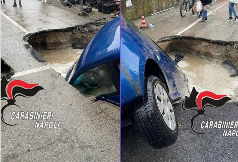 Posillipo, anziano finisce con l’auto in una voragine in strada: salvato dai carabinieri