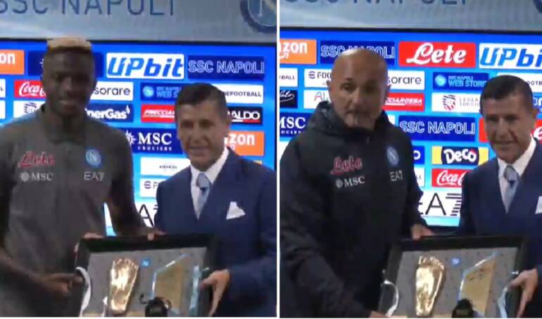 Stefano Ceci consegna il “piede di Maradona” a De Laurentiis, Spalletti e la squadra