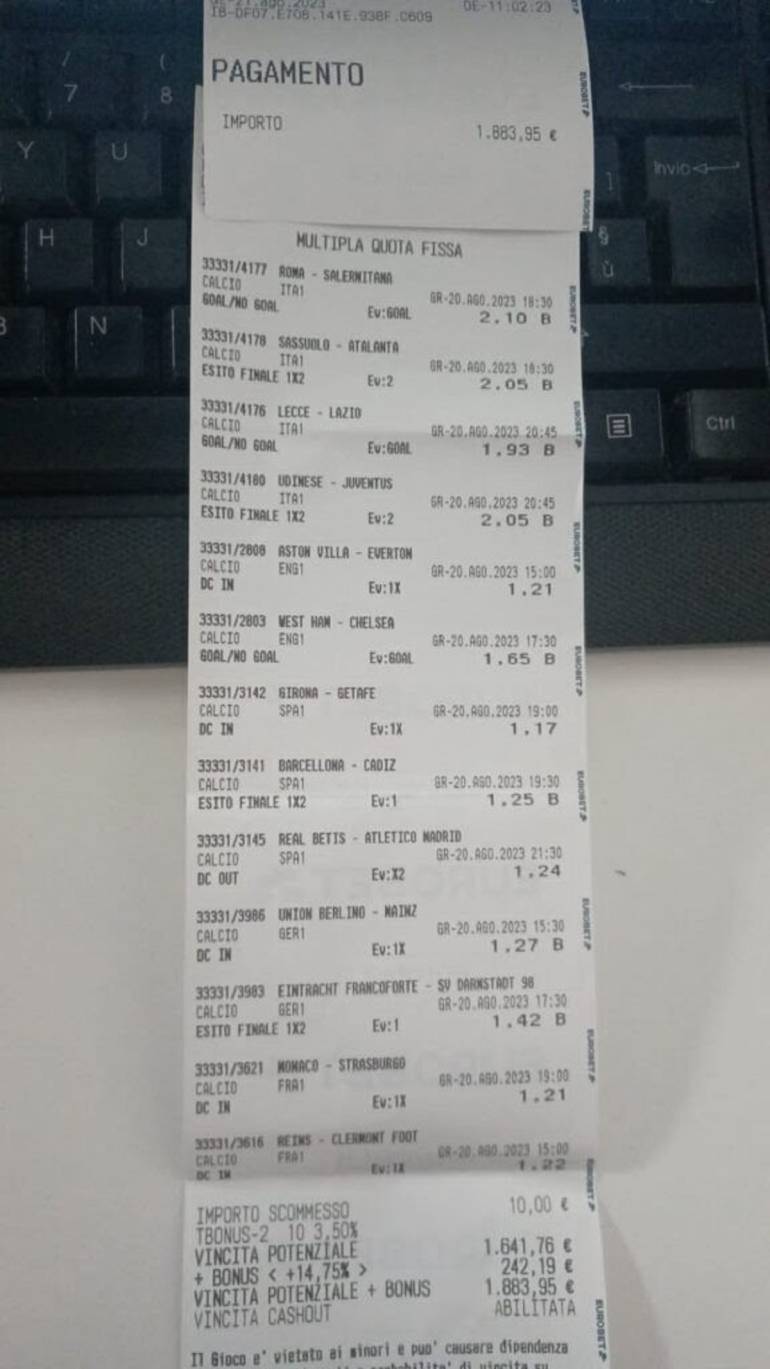 Scommesse sul calcio, maxi vincita da quasi 2mila euro a Caserta