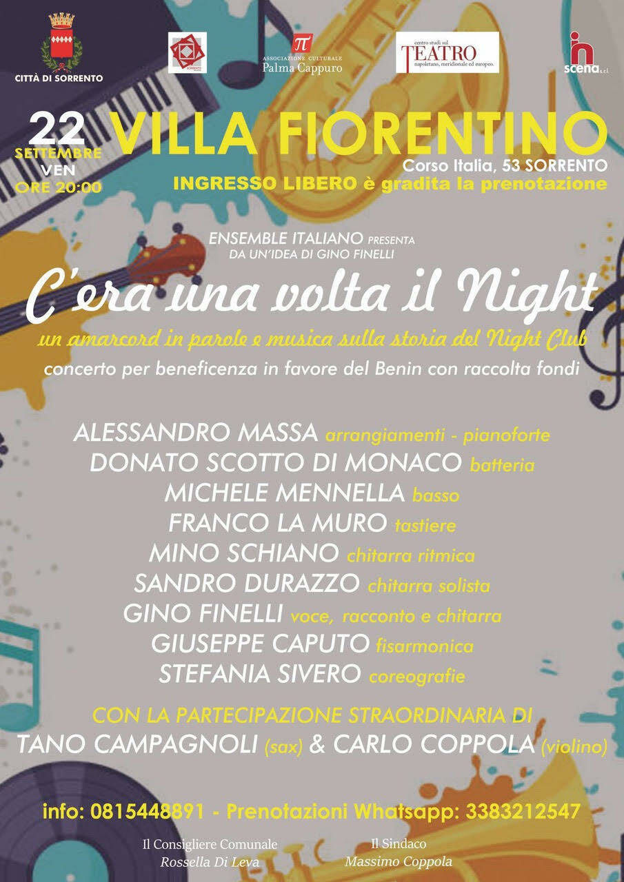 Sorrento. Venerdì 22 settembre a Villa Fiorentino concerto di beneficenza 'C’era una volta il Night'