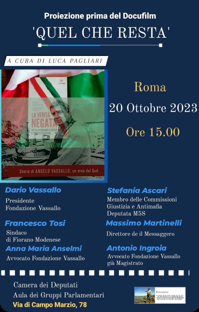 Venerdì 20 ottobre alla Camera dei Deputati la première del docufilm dedicato ad Angelo Vassallo