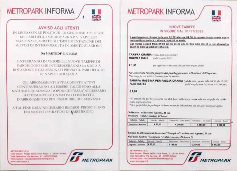 Aumenti record per il parcheggio della stazione dell’alta velocità di Afragola