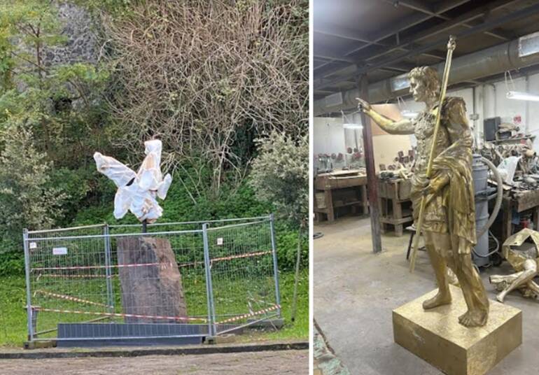 Statue dell’imperatore Ottaviano e di San Michele Arcangelo ai piedi del Palazzo Mediceo