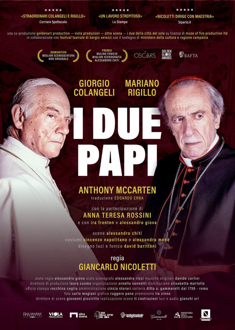 Giorgio Colangeli e Mariano Rigillo in ‘I due papi’. Al Giuffré di Battipaglia uno spettacolo acclamato in tutto il mondo
