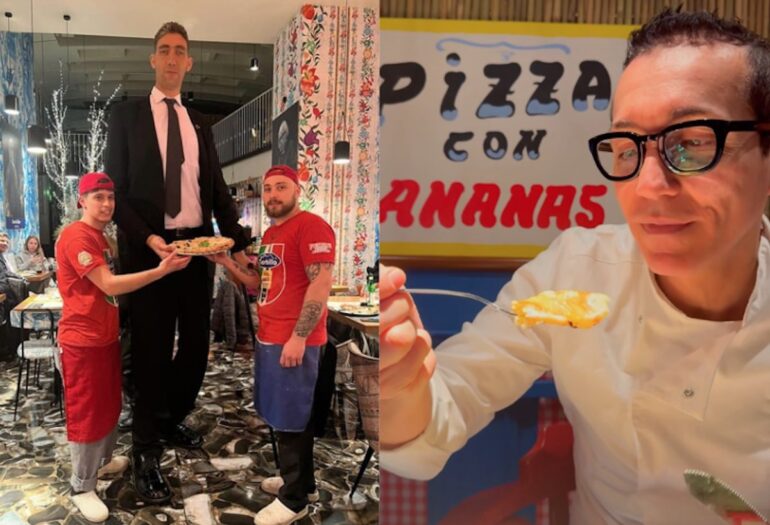 Naples, the tallest man in the world eats pineapple pizza at Sorbillo
