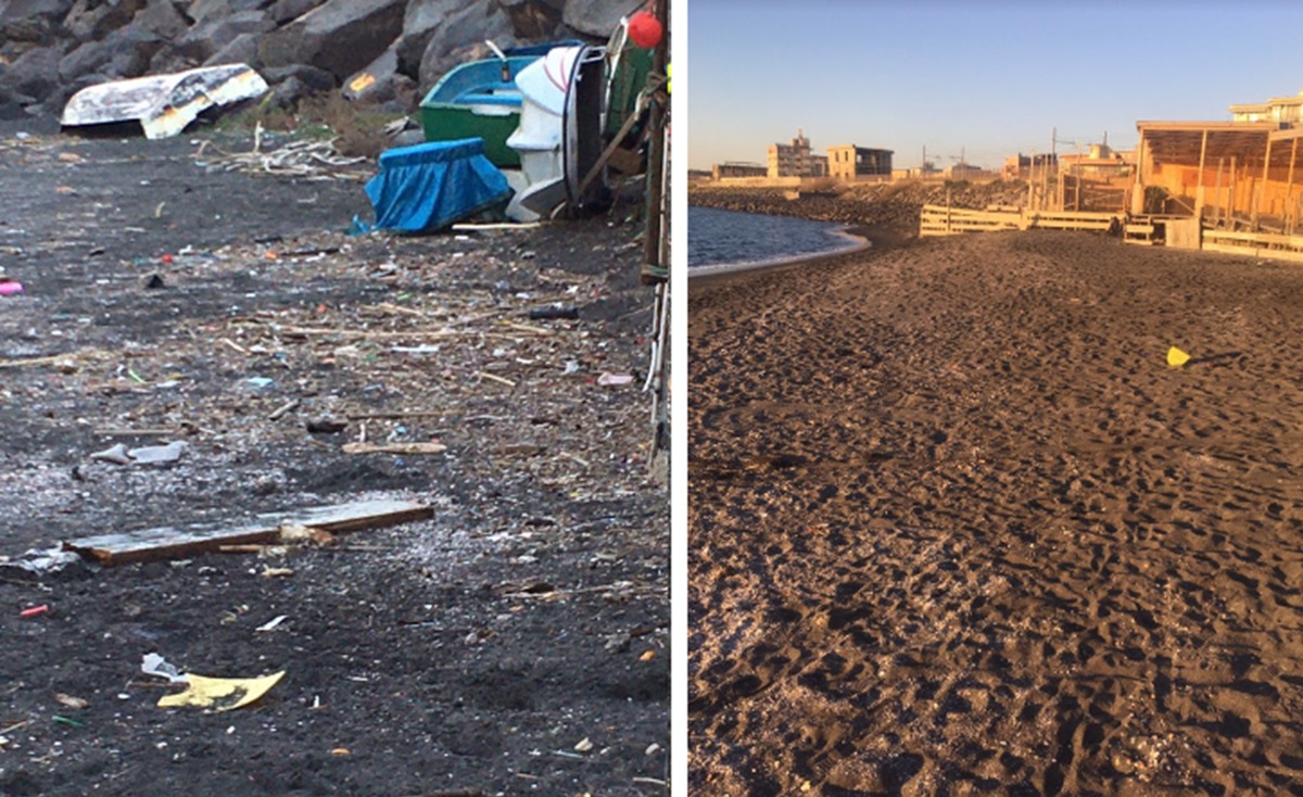 Volontario ripulisce la spiaggia di Ercolano dopo la mareggiata