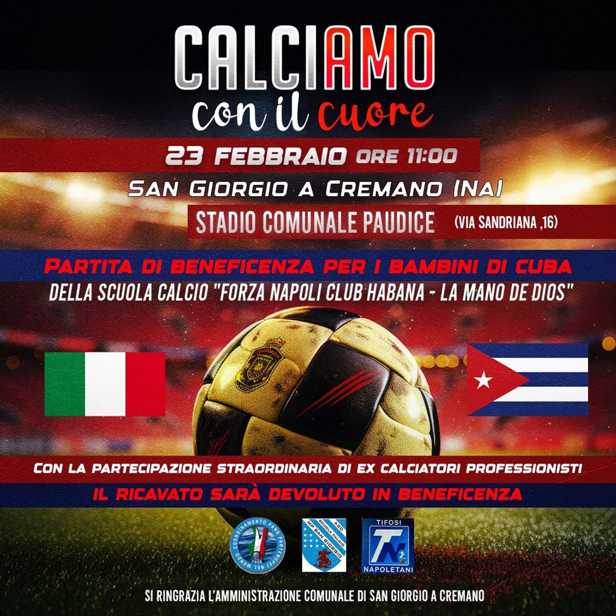 Partita di beneficenza a San Giorgio a Cremano per sostenere la scuola calcio “Forza Napoli Club Habana”