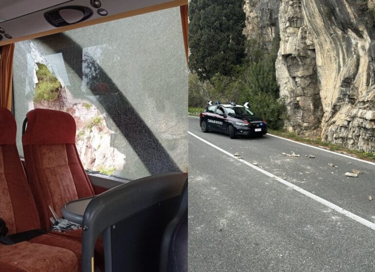 Tragedia sfiorata lungo la Meta-Amalfi: cadono massi e colpiscono bus turistico