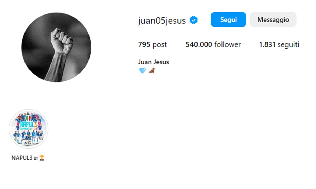 Juan Jesus, il messaggio forte: su Instagram compare il pugno chiuso ‘Black Power’