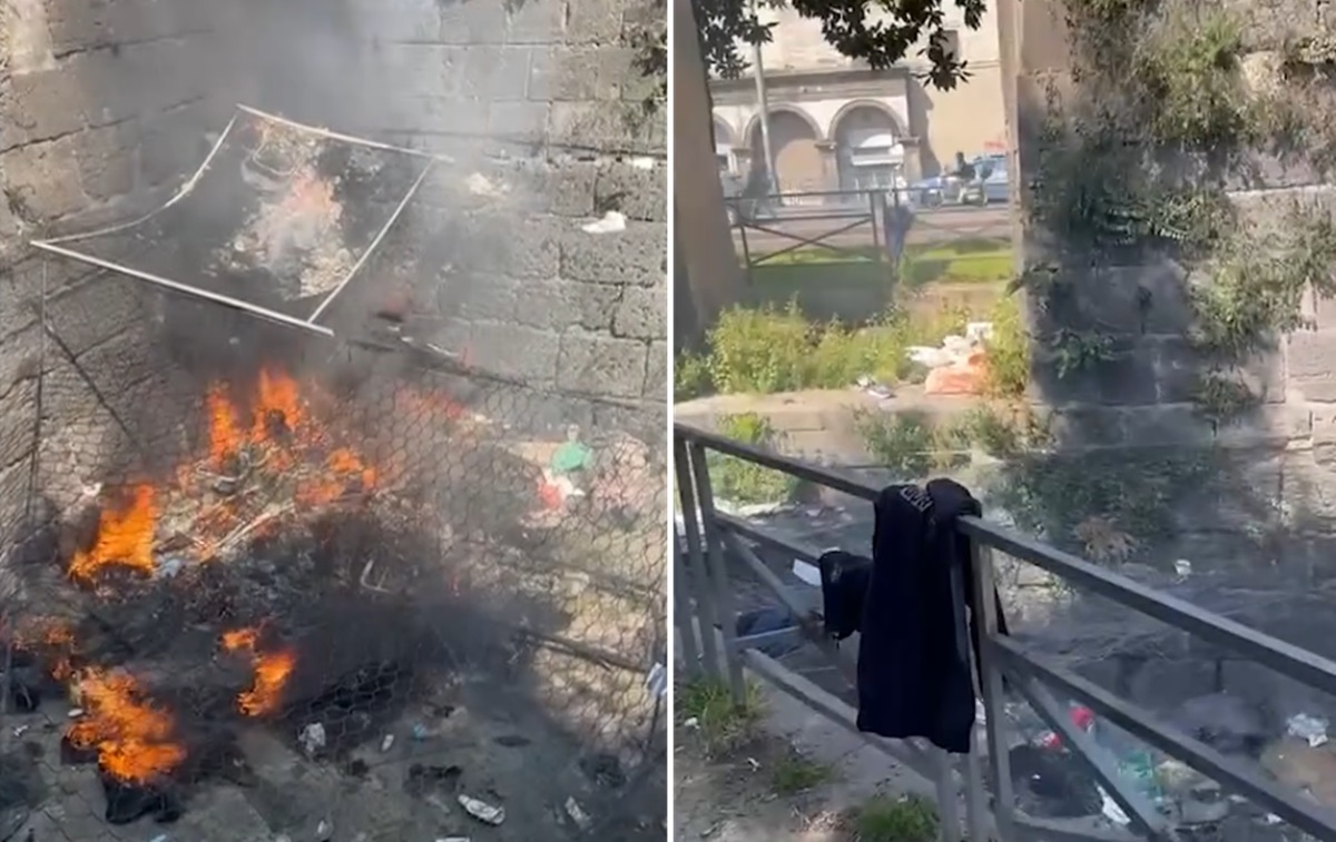Napoli, incendio alla Torre Aragonese: in fiamme rifiuti e giacigli di fortuna dei clochard. VIDEO