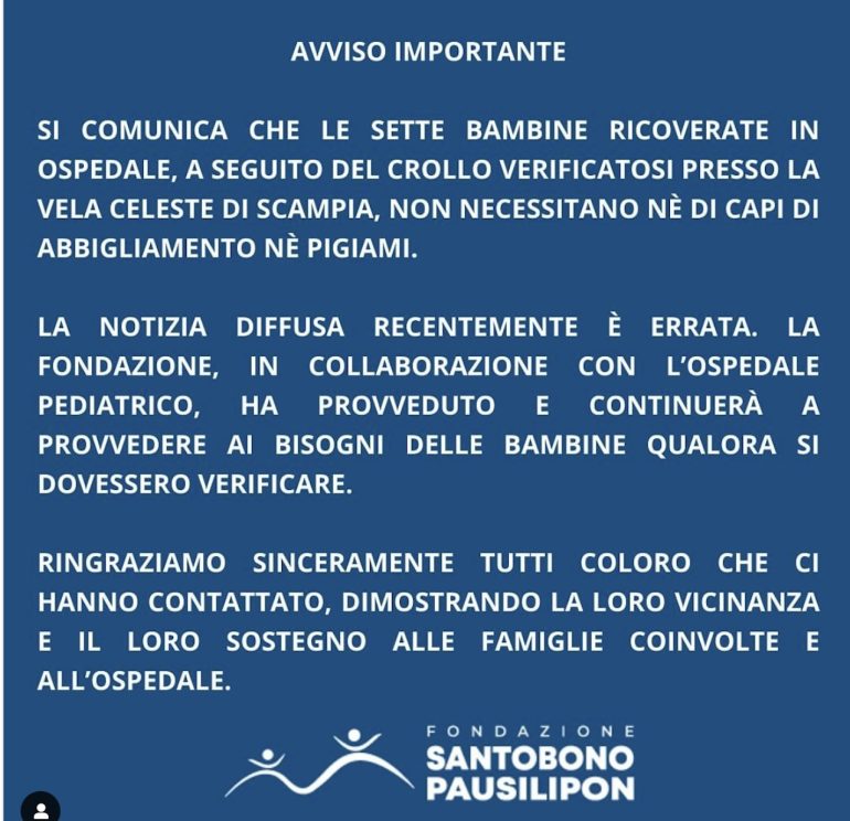 Napoli, la Fondazione Santobono: “Grazie per la soliderità non è necessario”