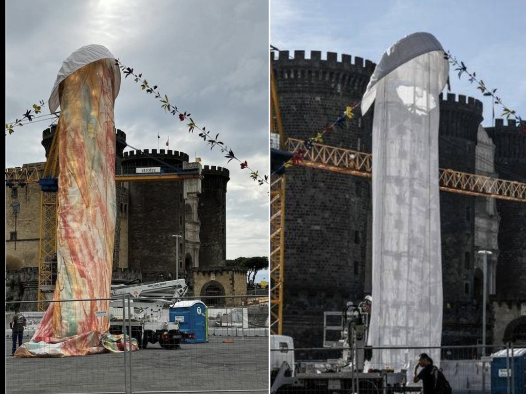 Napoli, il Pulcinella di Gaetano Pesce in piazza Municipio scatena l’ironia social