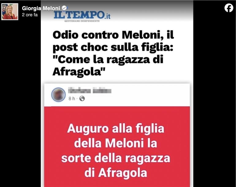 Minacce choc alla figlia di Giorgia Meloni sui social: “Le auguro la sorte della ragazza di Afragola”