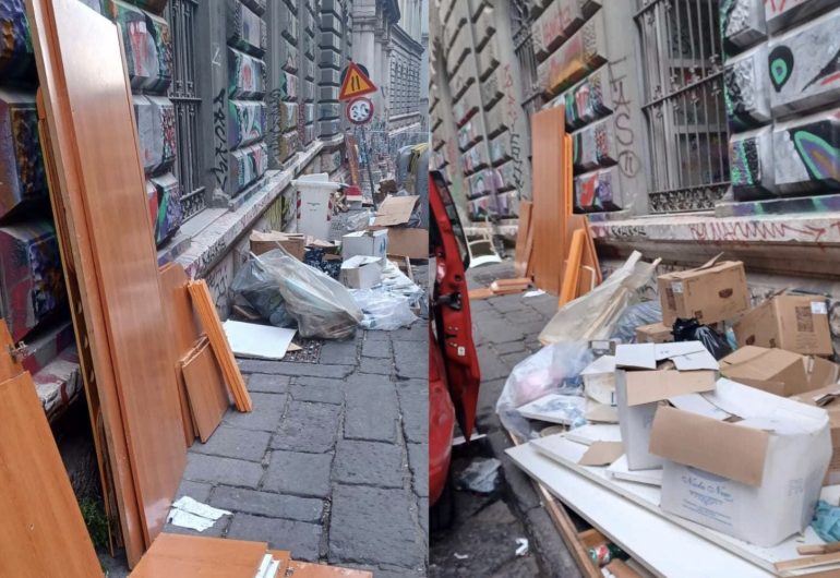 Napoli, Via Mezzocannone nel caos: rifiuti e sversamenti selvaggi sotto l’Università